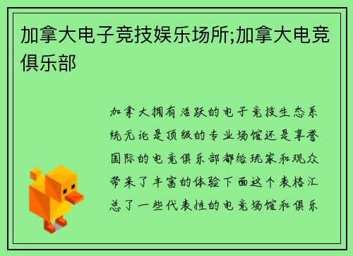 加拿大电子竞技娱乐场所;加拿大电竞俱乐部